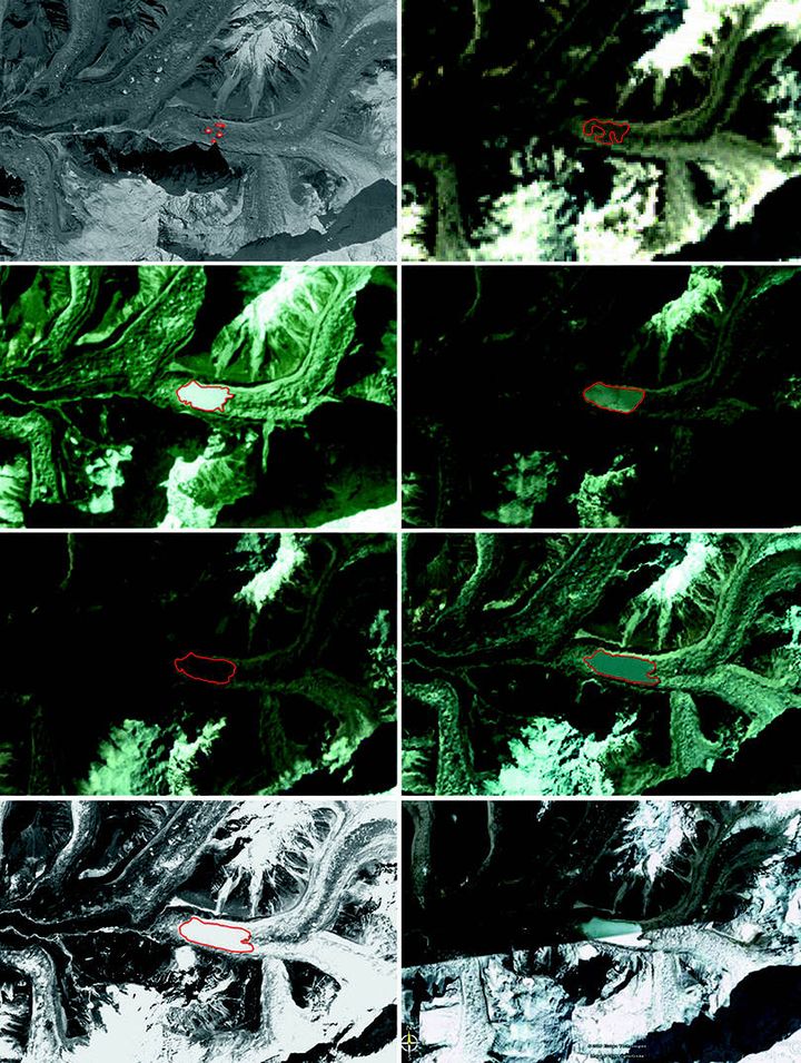 Présentées en août 2009, ces images satellite de l'International Centre for Integrated Mountain Development montrent le développement du lac glacaire Imja Tsho.&nbsp; (ICIMOD / ICIMOD)