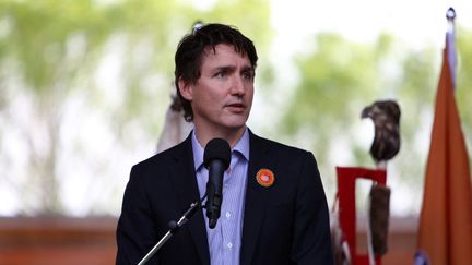 Le Premier ministre canadien Justin Trudeau s'exprime depuis&nbsp;Kamloops (Canada), le 23 mai 2022. (MERT ALPER DERVIS / ANADOLU AGENCY / AFP)