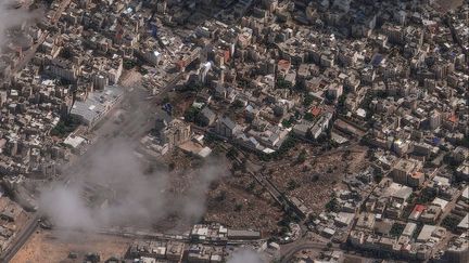 Une photo satellite de l'explosion à l'hôpital Al-Ahli dans la ville de Gaza, le 17 octobre 2023. (SATELLITE IMAGE / MAXAR TECH / AFP)