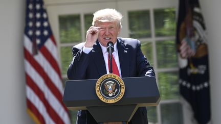 Donald Trump, président des Etats-Unis, lors de sa conférence de presse où il annonce le retrait des USA de l'accord de Paris sur le climat, le 1er juin 2017, à Washington. (SAUL LOEB / AFP)