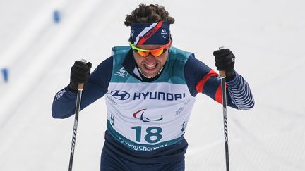 Le skieur Benjamin Daviet, le 12 mars 2018&nbsp;aux Jeux paralympiques de&nbsp;Pyeongchang (Corée du Sud). (GRIGORY SYSOEV / SPUTNIK / AFP)