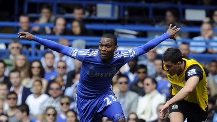 L'attaquant de Chelsea Daniel Sturridge en mode "d&eacute;collage" lors d'un match contre Blackburn, en mai 2012. (TOM HEVEZI/AP/SIPA / AP)