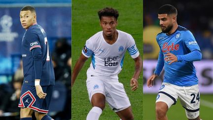 Kylian Mbappé (PSG), Boubacar Kamara (OM) et Lorzneo Insigne (Naples) font partie des joueurs en fin de contrat en juin 2022. (HERMAN DINGLER / ORANGE PICTURES / DPPI VIA AFP / MIKE KIREEV / NURPHOTO / NURPHOTO VIA AFP / FRANCO ROMANO / NURPHOTO / NURPHOTO VIA AFP)