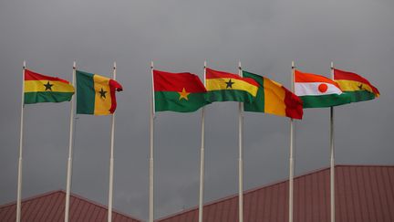 Les drapeaux d'une partie des 15 pays de la Communauté économique des pays d'Afrique de l'Ouest (Cédéao) à&nbsp;l'aéroport international d'Accra, au Ghana, le 15 septembre 2020. (NIPAH DENNIS / AFP)