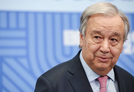 Le secrétaire général de l'ONU Antonio Guterres lors du sommet des Brics à Kazan (Russie), le 24 octobre 2024. (ALEXANDER KAZAKOV / SPUTNIK / SIPA)