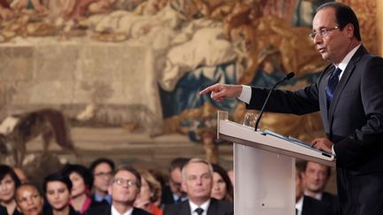 Le chef de l'Etat, Fran&ccedil;ois Hollande, lors de sa conf&eacute;rence de presse &agrave; l'Elys&eacute;e, le 13 novembre 2012. (PHILIPPE WOJAZER / AFP)