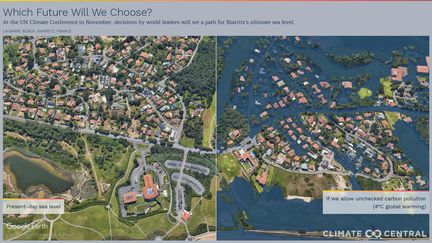 Une simulation de la montée des eaux&nbsp;à&nbsp;Anglet (Pyrénées-Atlantiques), par Climate Central. (CLIMATE CENTRAL)