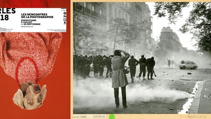 A gauche, l'affiche des 49e Rencontres d'Arles - A droit, Manifestation du 6 mai 1968. Reportage sur les barricades construites par les étudians. Service de la mémoire et des Affaires culturelles
 (Avec l&#039;aimable autorisation de la Préfecture de police de Paris)