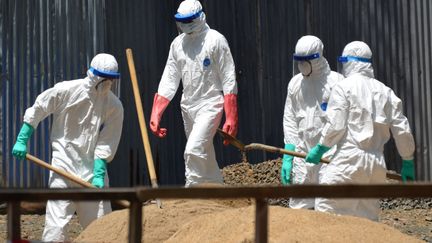 Des employ&eacute;s de la Croix-Rouge &agrave;&nbsp;Monrovia (Lib&eacute;ria), le 23 octobre 2014.&nbsp; (ZOOM DOSSO / AFP)