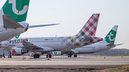 Deux Boeing 737 et un Airbus A319 des compagnies aériennes low cost Transavia et Volotea au sol de l'aéroport de Nantes Atlantique, le 14 avril 2021. (BAPTISTE ROMAN / HANS LUCAS / AFP)