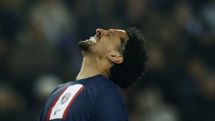 Marquinhos lors de la défaite du Paris Saint-Germain contre Lyon (0-1), le 2 avril 2023. (YOAN VALAT / EPA)