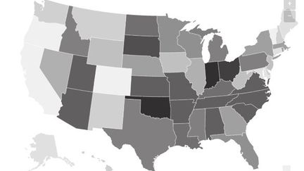 La carte des États-Unis selon la législation par rapport à l'IVG.&nbsp; (CHADI ROMANOS/ RADIOFRANCE)