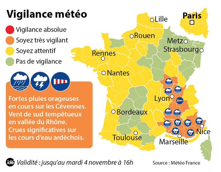 &nbsp; (Météo : 12 départements placés en vigilance orange © Idé)