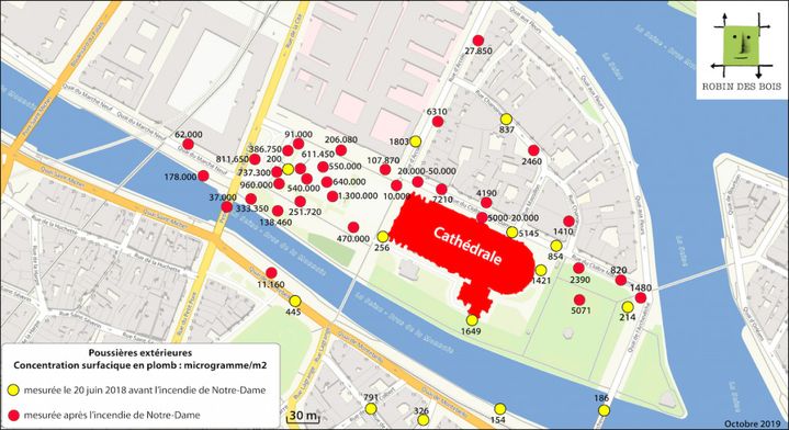 Carte des poussières extérieures de plomb autour de Notre-Dame, le 20 juin 2018 (en jaune) et après l’incendie du toit de la cathédrale (en rouge). (ROBIN DES BOIS)