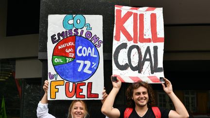 Des manifestants brandissent des pancartes lors d'un rassemblement pour le climat, à Sydney (Australie), le 29 novembre 2019.&nbsp; (SAEED KHAN / AFP)