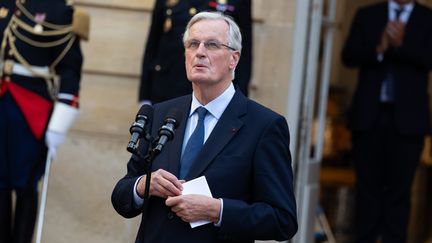 The new Prime Minister, Michel Barnier, during the handover of power with Gabriel Attal at Matignon, September 5, 2024. (ALEXIS SCIARD / MAXPPP)