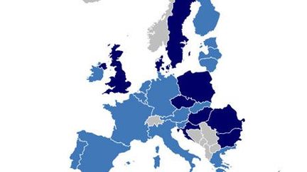 Les pays membres de la zone euro. En bleu marine, les pays de l'UE non membres de cette zone. En gris, les pays qui ne sont pas membres de l'UE. (Union européenne)