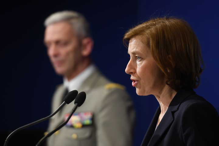 La ministre des Armées Florence Parly en conférence de presse, le 14 avril 2018. (CHRISTOPHE ARCHAMBAULT / AFP)