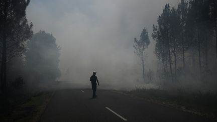 Un pompier se tient au milieu de la fumée s'élevant d'un feu de forêt près de Landiras en Gironde, le 18 juillet 2022. (PHILIPPE LOPEZ / POOL)