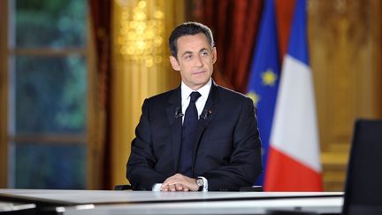 Nicolas Sarkozy &agrave; l'Elys&eacute;e, juste avant l'&eacute;mission t&eacute;l&eacute;vis&eacute;e apr&egrave;s un an de mandat, le 24 avril 2008.&nbsp; (ERIC FEFERBERG / AFP)