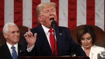 Le président américain Donald Trump lors de son discours sur l'état de l'Union devant le Congrès, à Washington, le 4 février 2020.&nbsp; (LEAH MILLIS / AFP)