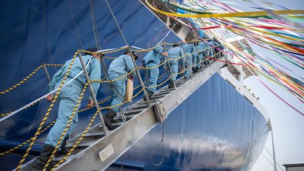 Lancement en grande pompe du nouveau navire amiral baleinier, le "Kangei Maru", le 21 mai 2024 au Japon. (YUICHI YAMAZAKI / AFP)