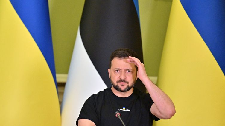 Ukrainian President Volodymyr Zelensky during a press conference in kyiv on June 2, 2023. (SERGEI SUPINSKY / AFP)