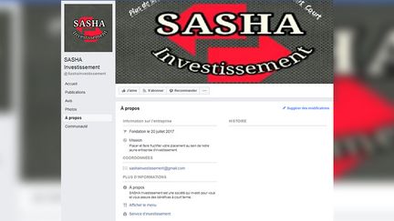 Page Facebook de la société Sasha Investissement. (CAPTURE ECRAN / FRANCEINFO)