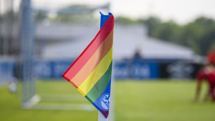 Un drapeau arc-en-ciel, symbole de la communauté LGBTQI+, devant un terrain de football. Photo d'illustration.&nbsp; (ANKE WAELISCHMILLER/SVEN SIMON / SVEN SIMON)