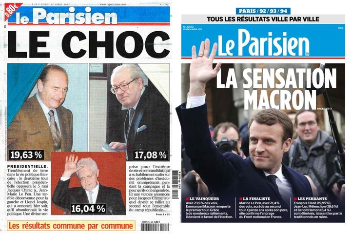 Unes du quotidien "Le Parisien"&nbsp;du 22 avril 2002 et du 24 avril 2017. (LE PARISIEN)