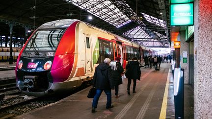 Des passagers d'un Transilien à la gare Saint-Lazare, le 7 janvier 2020, lors d'un mouvement de grève contre la réforme des retraites. (MATHIEU MENARD / HANS LUCAS / AFP)