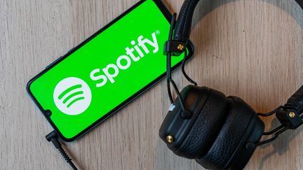 Photo d'illustration représentant Spotify, plateforme suédoise de distribution numérique dédiée à l'écoute de musique en streaming et, désormais, aux livres audio. (JEAN-MARC BARRERE / HANS LUCAS / AFP)