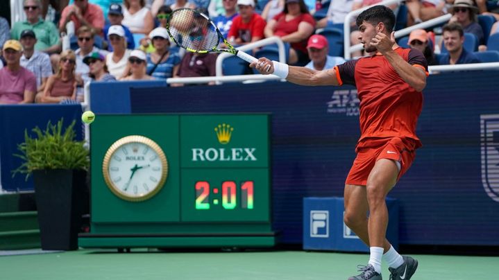 L'Espagnol Carlos Alcaraz, au deuxième tour du tournoi de Cincinnati, le 16 août 2024. (JASON WHITMAN / NURPHOTO)