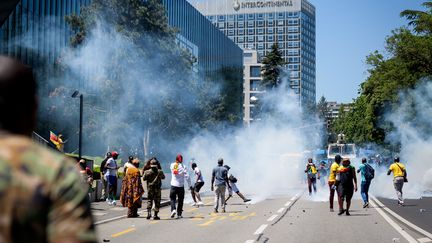 Des heurts ont éclaté entre des opposants à Paul Biya et les forces de l'ordre, le 29 juin 2019 à Genève (Suisse). (FABRICE COFFRINI / AFP)