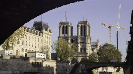 Après cinq années de travaux, le célèbre monument rouvre ses portes les 7 et 8 décembre 2024. À plus d'un mois de la réouverture de Notre-Dame de Paris, le travail se termine. Les échafaudages ont été démontés autour de la flèche. (ERIC BRONCARD / HANS LUCAS / AFP)