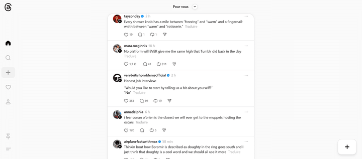 Un exemple de page d'accueil sur Threads, réseau social créé par Meta pour concurrencer X. (THREADS)