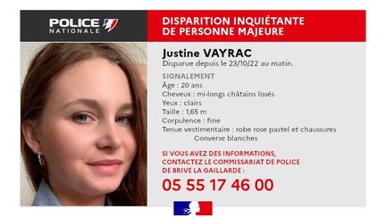 L'avis de recherche de Justine Vayrac, diffusée par la police nationale de Corrèze.&nbsp; (Police nationale de Corrèze)