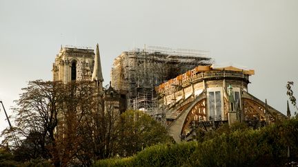 Notre-Dame de Paris&nbsp;et ses rideaux d'échafaudages, le 3 novembre 2019 (ISELYNE PEREZ-KOVACS / HANS LUCAS / AFP)