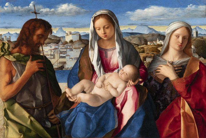 Giovanni Bellini, Vierge à l’Enfant avec saint Jean-Baptiste et une sainte (Sainte Conversation Giovanelli), vers 1500, Gallerie dell’Accademia, Venise (© G.A.VE Archivio fotografico – su concessione del Ministero della Cultura)