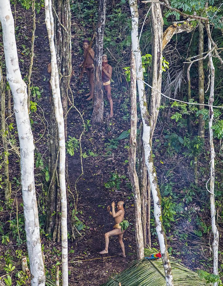 Des membres de la tribu avec leurs arcs et leurs flèches observent l'hélicoptère qui survole leur campement.&nbsp; (RICARDO STUCKERT)