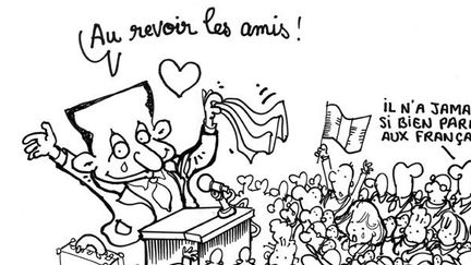 &quot; Au revoir les amis ! &quot; Le Monde, 8 mai 2012, encre sur papier, estimation: 1 000/1 200 euros
 (Plantu)