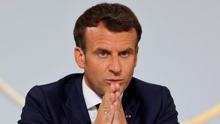 Emmanuel Macron lors d'une conférence de presse avant le sommet du G7, le 10 juin 2021 au palais de l'Elysée, à Paris. (PASCAL ROSSIGNOL / AFP)