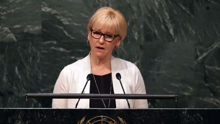 Margot Wallström à la tribune de l'ONU en avril 2015. (TIMOTHY A. CLARY / AFP)