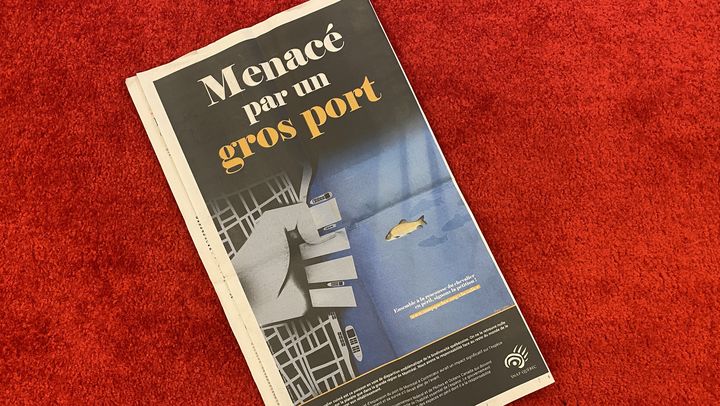 La page de publicité de la Snap Québec dans le quotidien "Le Devoir", le 10 décembre 2022, pour dénoncer le danger que représente pour le chevalier cuivré l'expansion du port de Montréal (Canada). (THOMAS BAIETTO / FRANCEINFO)