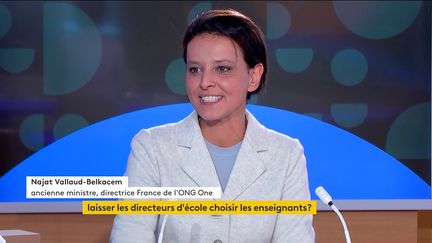 L'ancienne ministre de l'Éducation nationale et actuelle directrice de l'ONG One, Najat Vallaud-Belkacem, le 22 septembre sur la chaîne franceinfo.&nbsp; (FRANCEINFO)