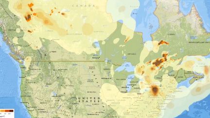 La fumée des centaines d'ncendies au Canada est poussée directement vers le sud en raison des conditions météo. (FRANCEINFO)