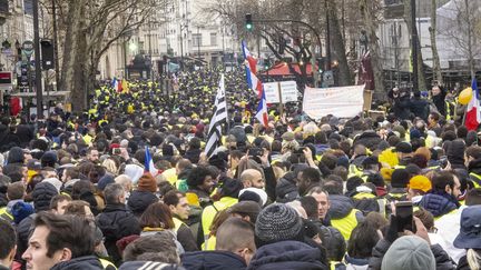 Des manifestants dans les rues de Paris, le 12 janvier 2019, lors&nbsp;du neuvième samedi de mobilisation.&nbsp; (DANIEL THIERRY / AFP)