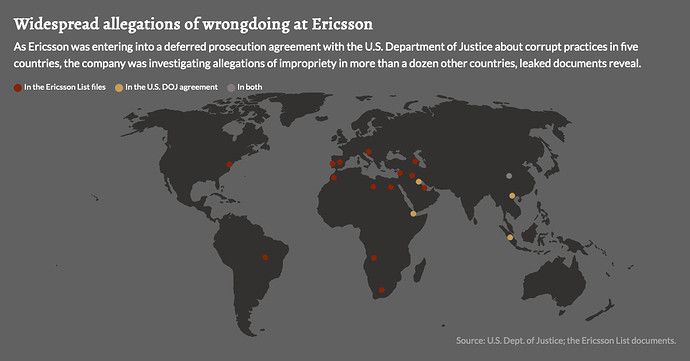 Carte représentant les différents lieux où Ericsson aurait commis des méfaits (ICIJ)