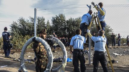 Des d&eacute;tenus de la prison de Szeged (Hongrie), ont &eacute;t&eacute; mis &agrave; contribution, pour monter la cl&ocirc;ture. (ARMEND NIMANI / AFP)