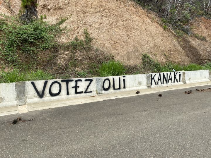 An inscription favorable to the independence of New Caledonia, on a road in & nbsp; Poya, November 29, 2021. (RAPHAEL GODET / FRANCEINFO)